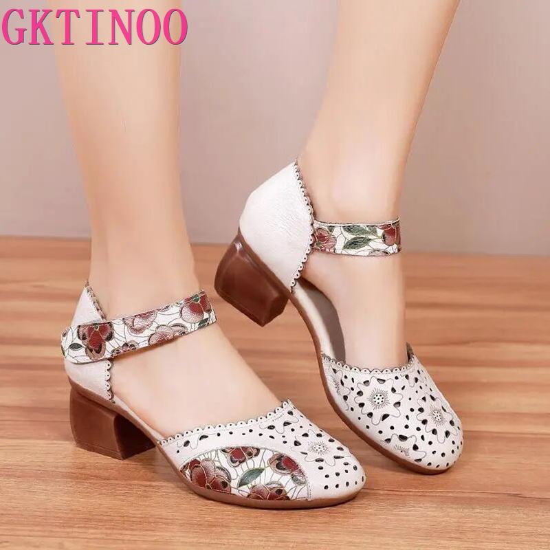 Модная GKTINOO 2025 Летняя Женская Обувь из Натуральной Кожи Женские Ретро Босоножки с Перфорацией Женские Каблуки на Липучке Женские Босоножки на Платформе