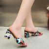 Европейские и американские босоножки на толстом каблуке с принтом 2024 года, новые сексуальные и простые тапочки с цветочным принтом и рыбьим ртом на высоком каблуке для девочек