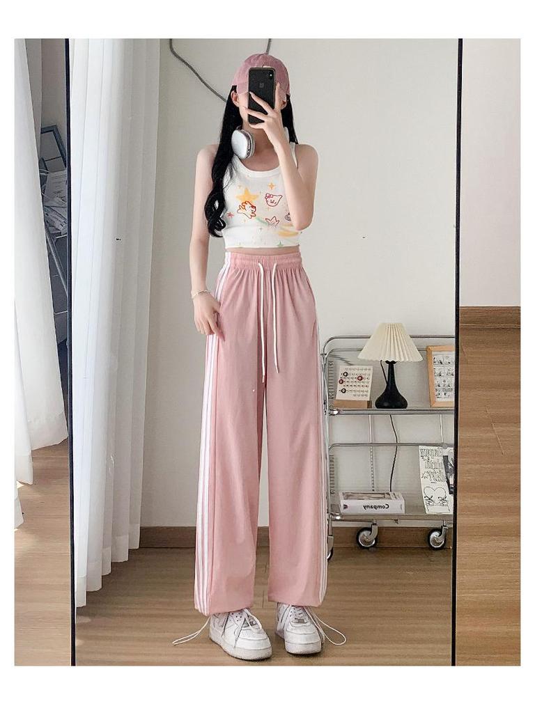 Women's High-Waist White Quick-Dry Wide-Leg Pants - Ice Silk, Anti-Mosquito, UV Protection, Summer Drape with Side Stripes