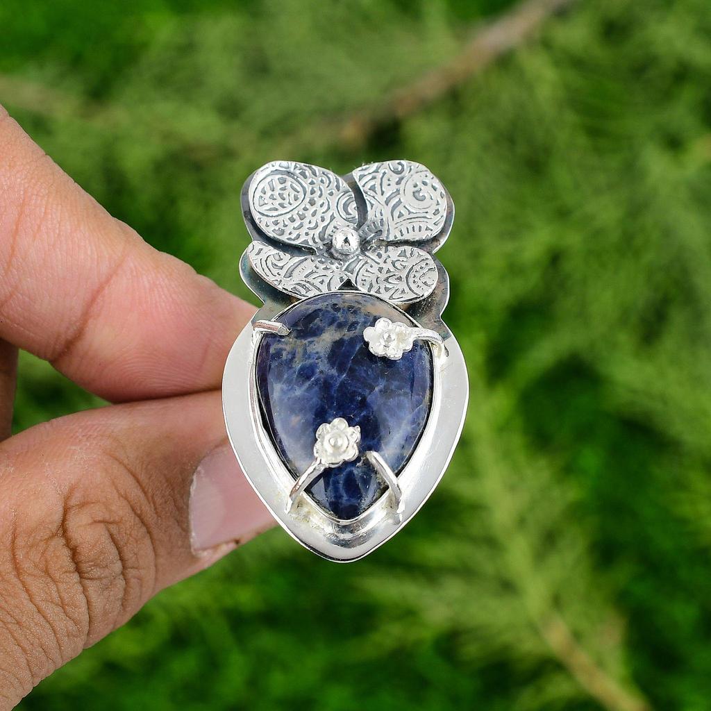 Gift For Her 925 Silver Natural Sodalite Statement Flower Adjustable Ring