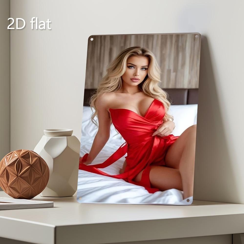 Винтажный металлический настенный декор Ретро блондинка в красном платье Толстая железная пластина Предварительно просверлено Декор для дома офиса бара 7,87x11,8 дюйма Подарок