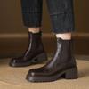 Korean Version of Solid Color Leather Large Size Women's Boots Medium Heel Comfortable Rear Zipper Square Heel Medium Tube Boots Autumn and Winter