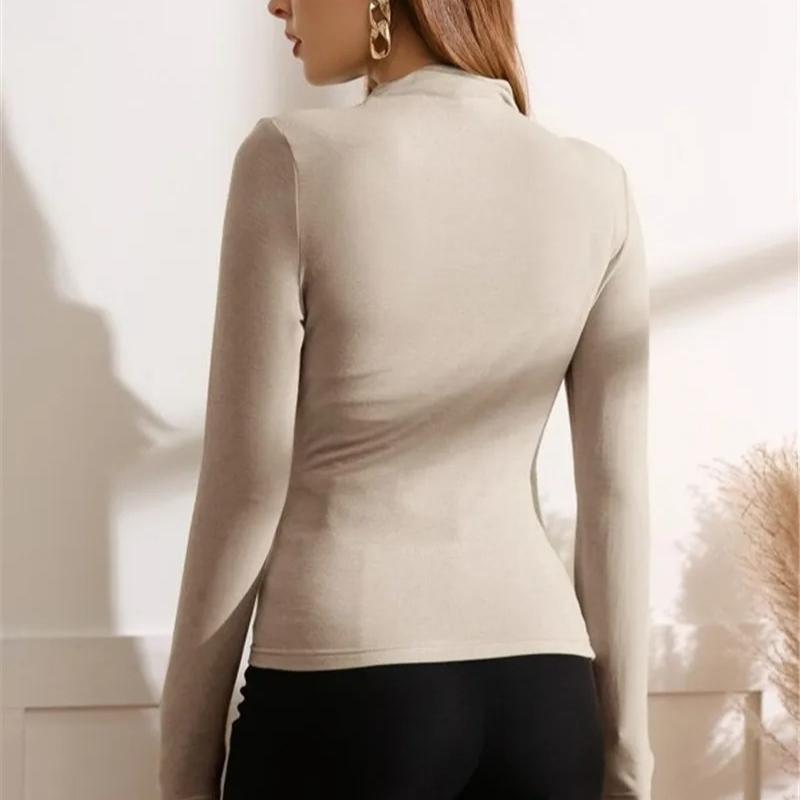 Autumn Women Long Sleeve Elastic Pure Color Going Out Tops Ruched Fashion Elegant Softy Slim Crop Top