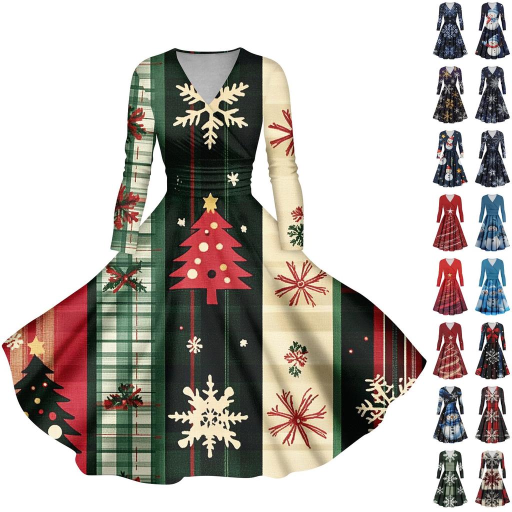 Women's Casual Fashion Christmas Printed Long Sleeve V-Neck Sexy Pocket Dresses