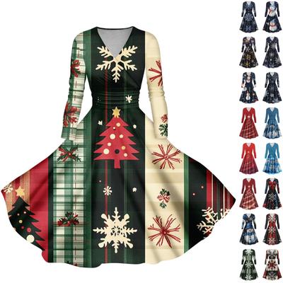 Женские повседневные модные рождественские принты с длинным рукавом и V-образным вырезом, сексуальные платья с карманами