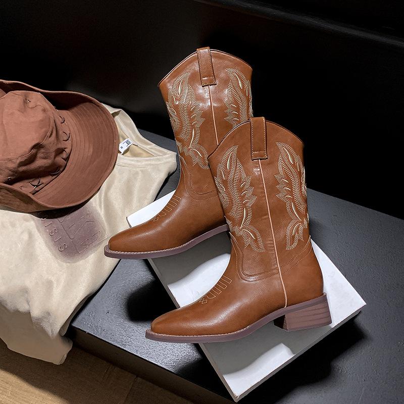 Autumn Winter Women Boots for Womens Boots Ankle Boots Low Heels Women Western Cowboy Boots Shoes Plus Size 35-40