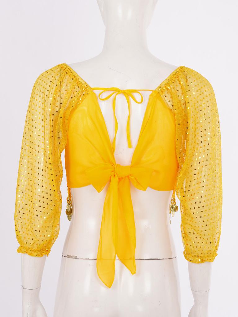 Женский костюм для танца живота, расшитый блестками шифоновый топ с шароварами, завязывающийся сзади дизайн для сценических выступлений