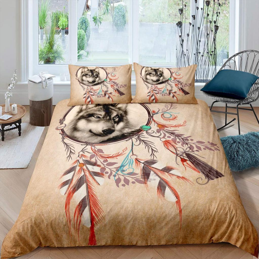 Wolf Dreamcatcher Duvet Cover Set Full Size Indian Dreamcatcher Animal 3D Bedding Set Exotic Style Bohemia Comforter/Quilt Cover