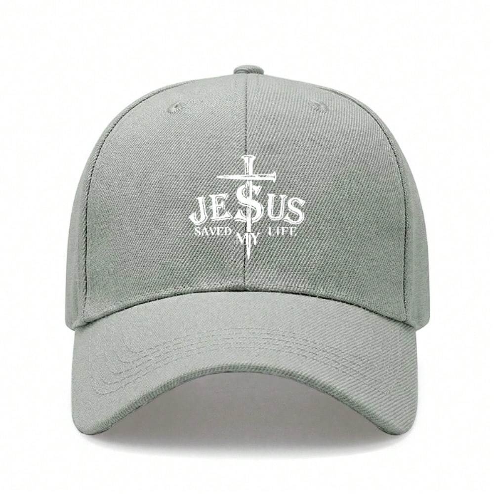 [Faith Baseball Cap] Unisex "JESUS SAVED MY LIFE" Printed Beige Polyester Adjustable Soft Fabric Casual Outdoor Sports Baseball Hat