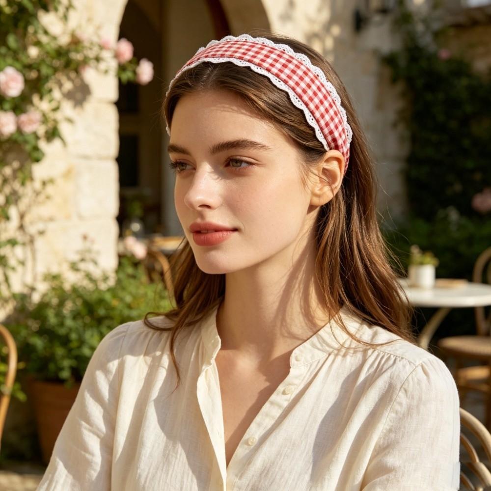 White Lace Trim Wide Plaid Hairband Wide Design White Lace Hair Hoop Casual Outfit