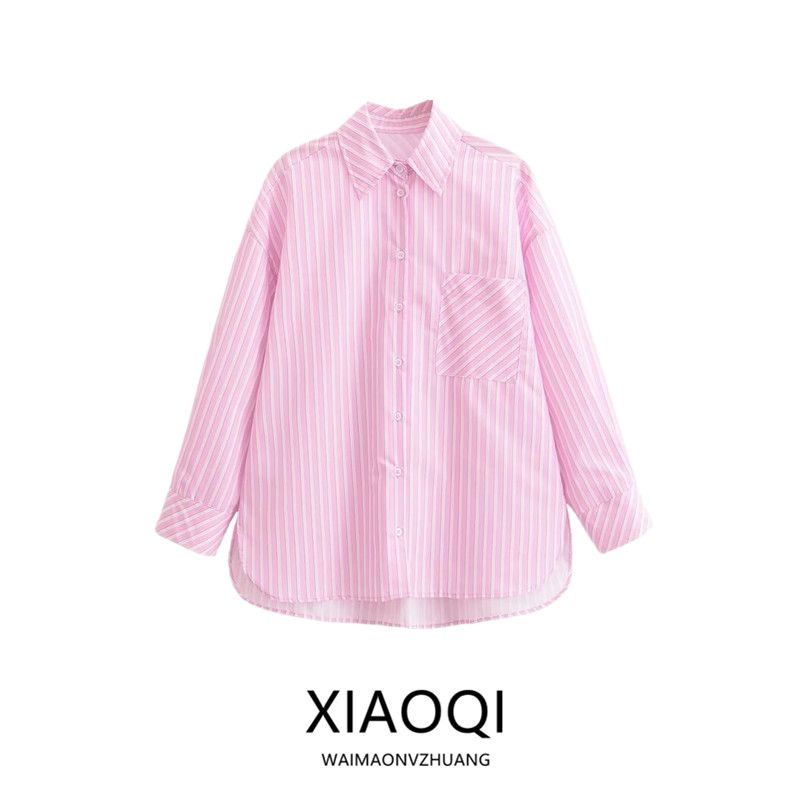 2024 New Women's Clothing Minimalist Stripes Poplin Long Sleeves Asymmetric Lapel Loose Side Slit Shirt 2637589