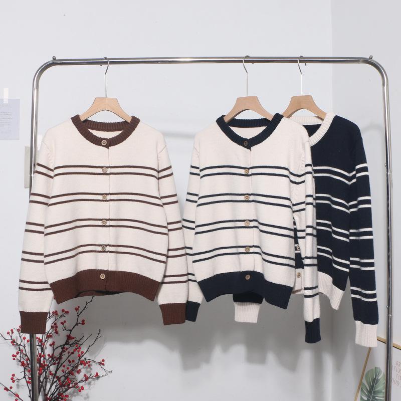 Korean Style Retro Color Block Striped Cardigan Sweater - Thickened Autumn/Winter Outerwear Women