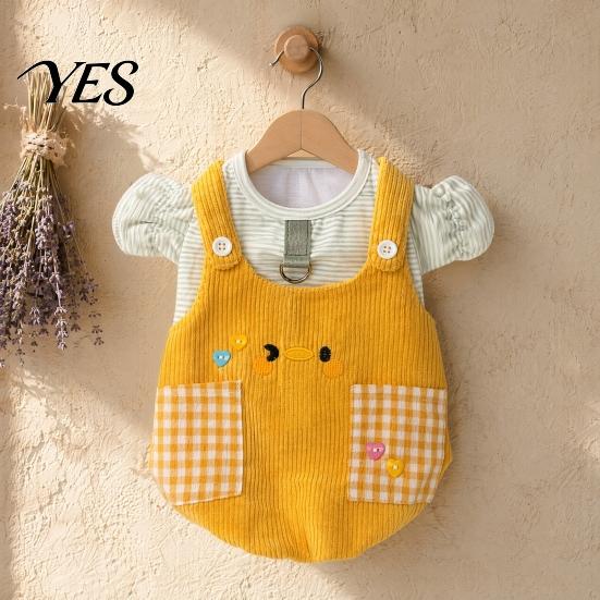 Striped Inner Layer Pet Clothing T-Shirt, Cute Duck Embroidery, Corduroy Romper Pants Dog Shirt with Leash Ring Outfit Plaid Pockets, False Two-Piece