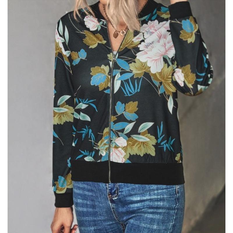 Плюс Размер Женская Осенняя Модная Напечатанная Круглая Горловина Застежка Молния Длинные Рукава Куртка