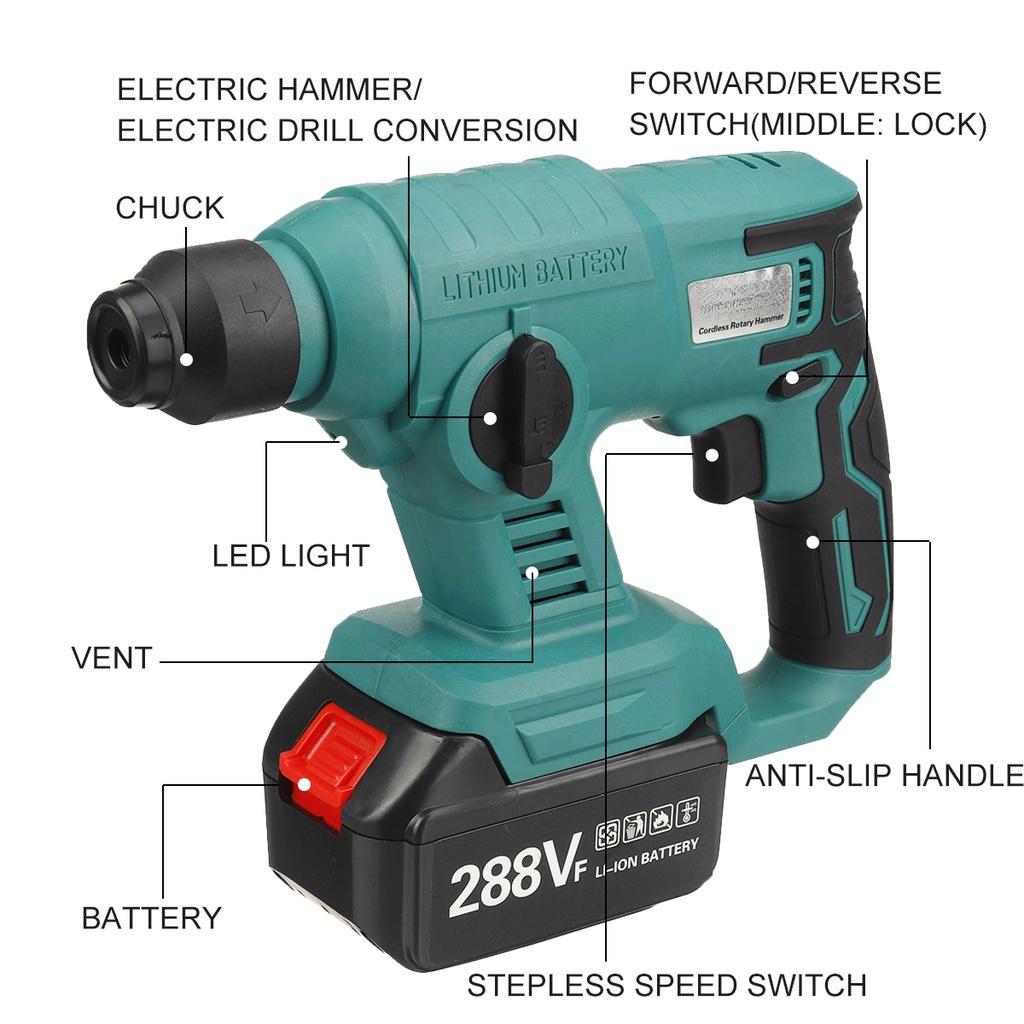 288VF 3 In 1 Multifunction Cordless Electric Rotary Hammer Drill Hammer Impact Drill Power Tool with Battery