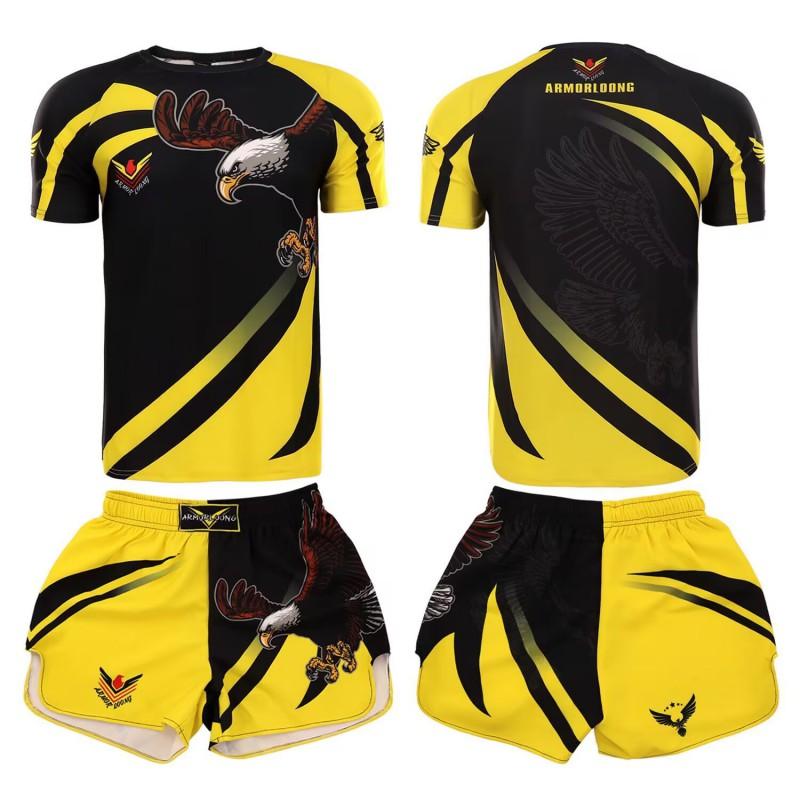 Mens Boxing Rash Guard Set UFC Training Short Sleeve Top Shorts MMA Kickboxing Gym