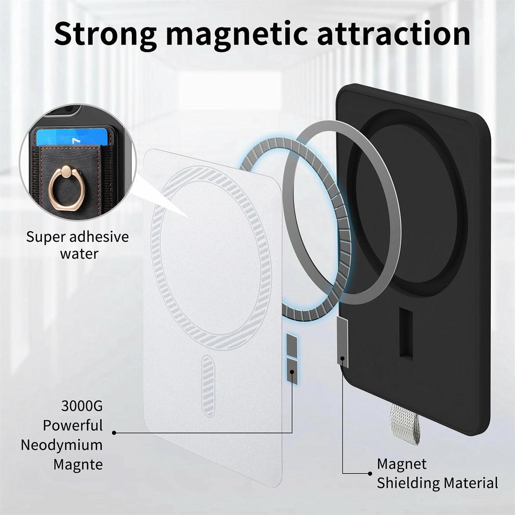 MC-W6 Universal Magnetic Card Holder with Ring Kickstand PU Leather Phone Card Bag