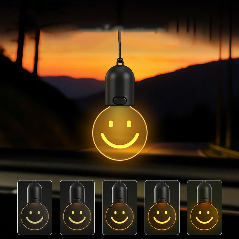 Car Rearview Mirror Pendant Decor LED Car Hanging Ornament Interior Ambient Lighting smiling face pendant For Long Trips Daily Use,1PCS