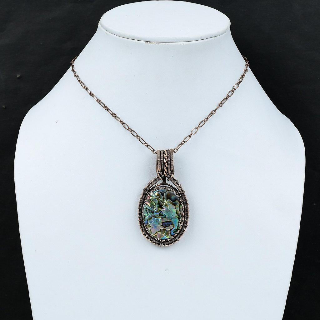 Подвеска из ракушки абалон, подвеска из медной проволоки, ювелирные изделия с драгоценными камнями, кулон ручной работы, уникальные медные ювелирные изделия, подарок для нее, ювелирные изделия с проволочной обмоткой