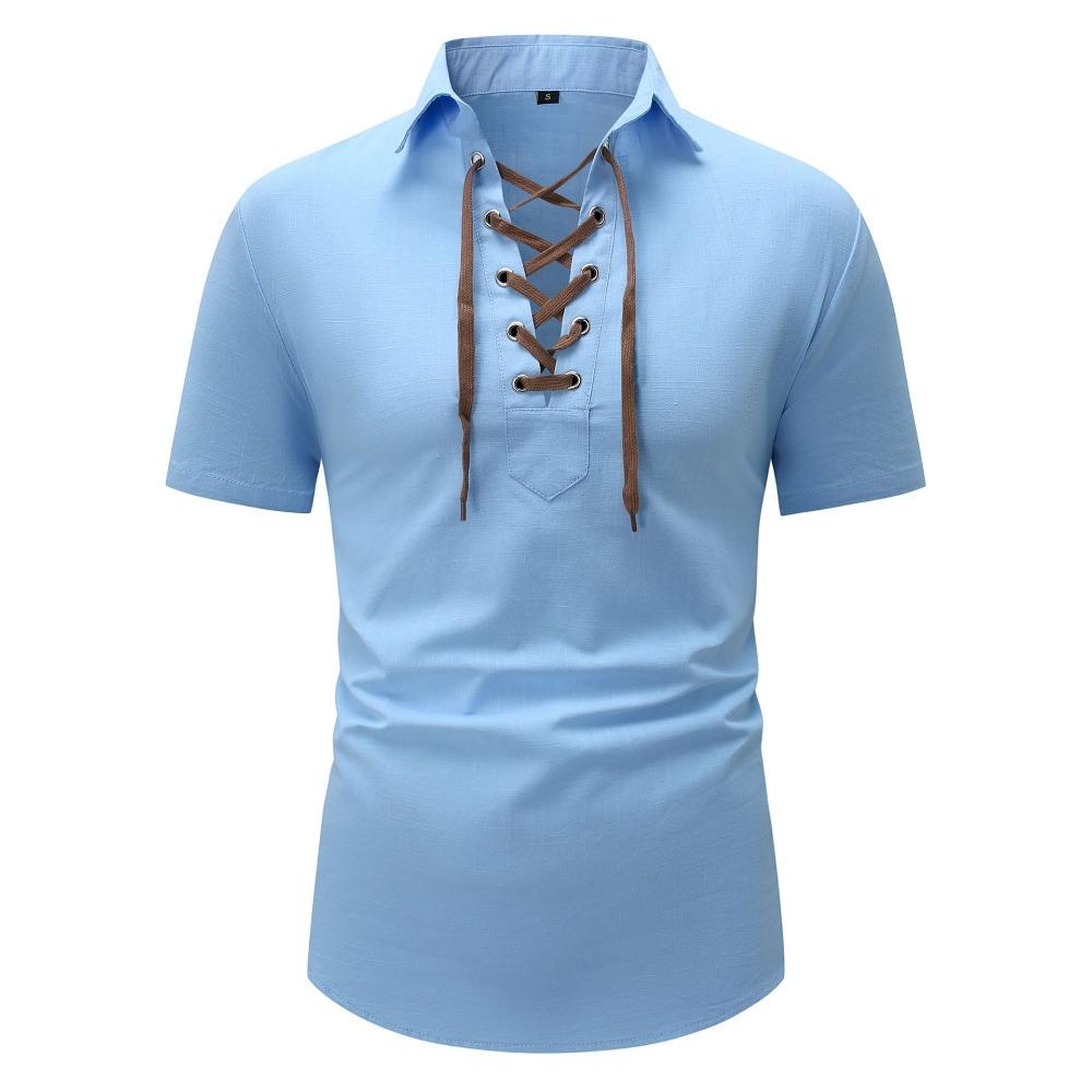 Летняя мужская модная рубашка с короткими рукавами, повседневная однотонная мужская рубашка с V-образным вырезом и короткими рукавами