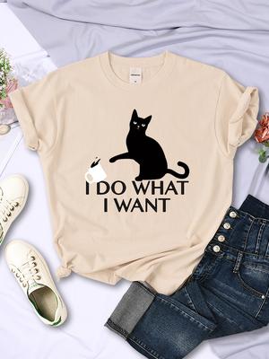 Черный кот Я делаю что хочу Письмо Женские футболки Мода Мягкий Креативный Короткий рукав Винтаж Повседневный Дышащий Женская футболка Одежда
