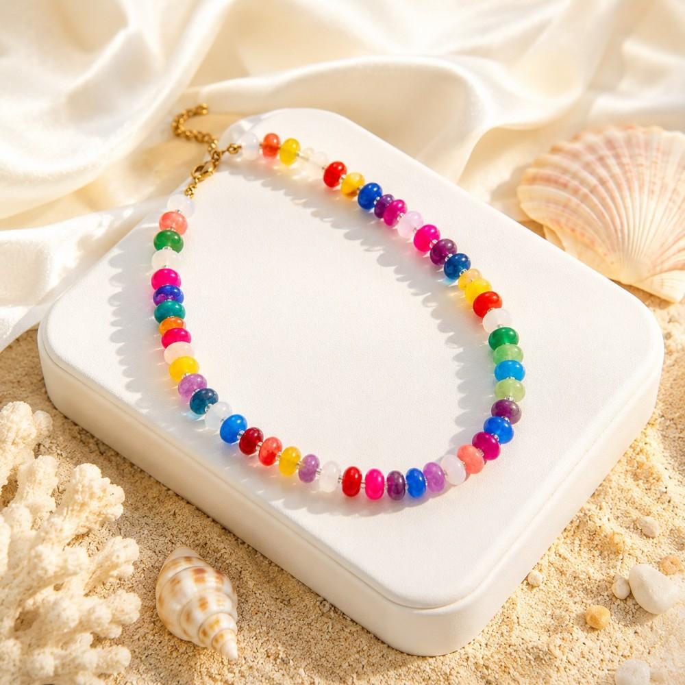 Colored natural stone beaded necklace niche high-end summer vacation style simple fashion necklace