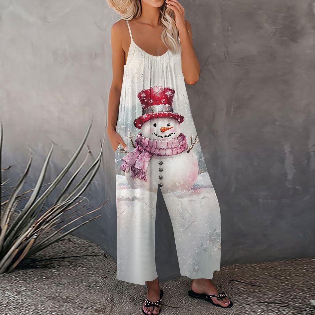 Женский рождественский принтованный комбинезон, свободный, с регулируемыми подтяжками