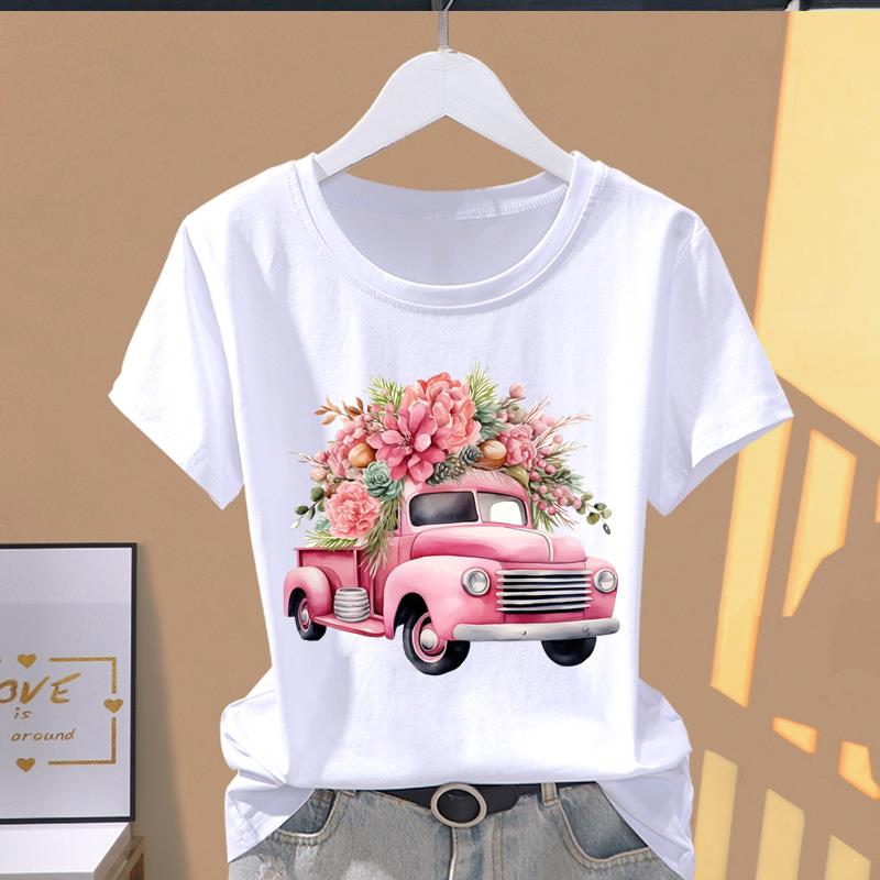 (Азиатский размер) Футболка с графическим принтом, повседневная футболка, женская повседневная футболка с принтом «Любовь, сердце, цветок», тренд, милая женская футболка с коротким рукавом