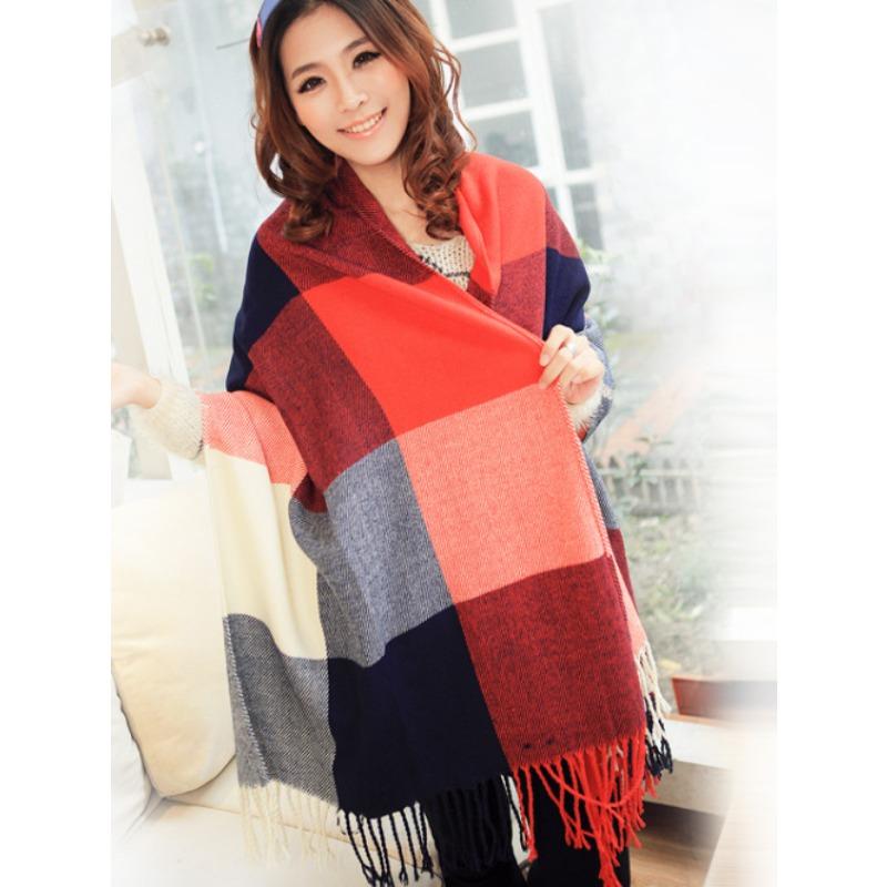 Autumn and Winter Dual-purpose Women's Imitation Cashmere Tassel Super Long Thickened Warm Color Plaid Scarf Shawl