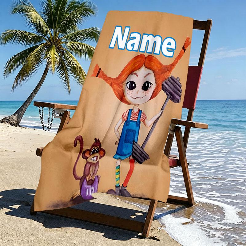 Custom Name Personalized Pippi Longstocking Print Beach Towel, for Trip Camping Beach Party Home Decor, Birthday Gift for Family & Friends