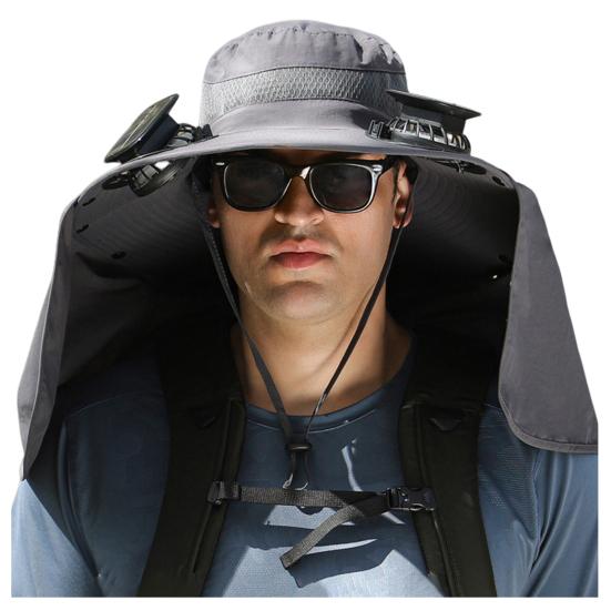 Solar Fan Hat with Neck Flap USB Rechargeable UV Protection Dual Cooling Fan