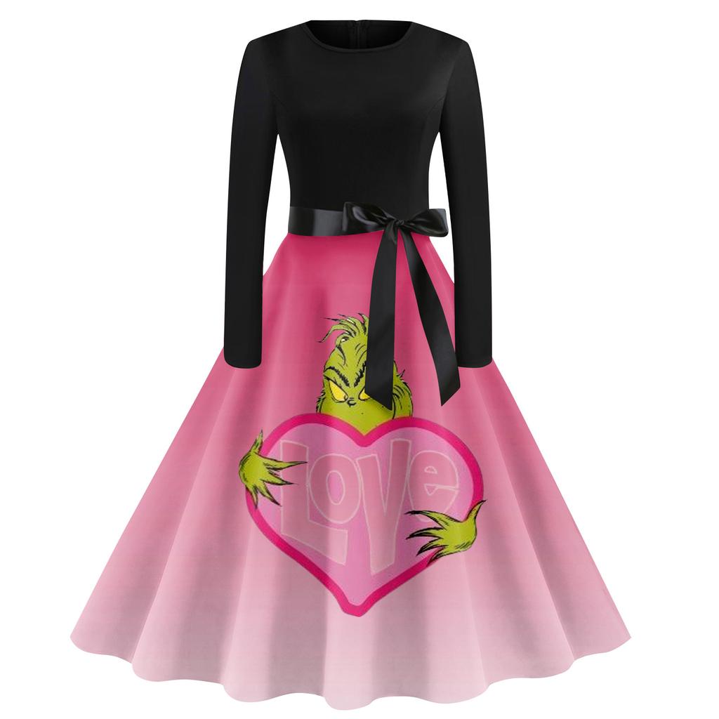 Женское винтажное классическое платье с воротником на талии и галстуком-бабочкой с длинными рукавами и рождественским принтом, с круглым вырезом, свободное платье