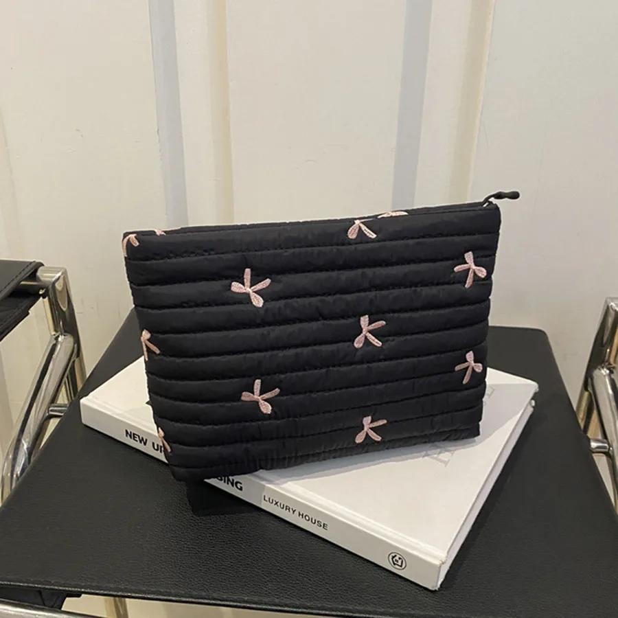 Large Capacity Cute Makeup Bag with Zipper - Embroidery Bow Cosmetic Wash Storage Bag for Women