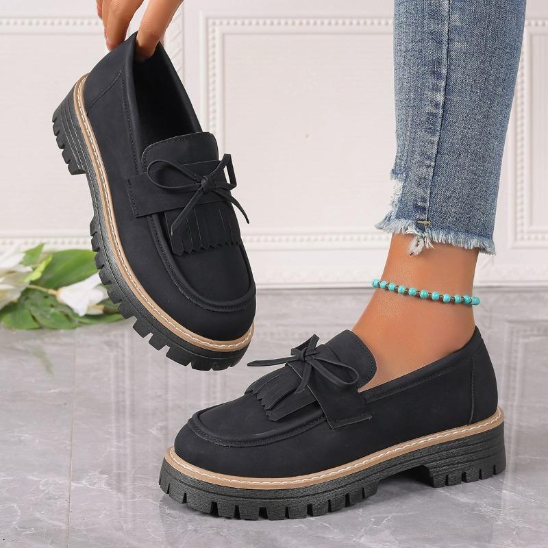 Fashion Women's Chunky Single Shoes Spring New Round Head Deep Mouth Suede Butterfly Knot Thick Sole Non-slip Loafers