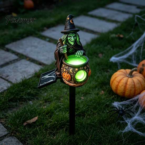 Whimsical Witch Hat Figurine Solar Cauldron Garden Stake Light, Resin Halloween Glowing Pathway Unique Pumpkin Pattern Decor Lamp, Waterproof Outdoor