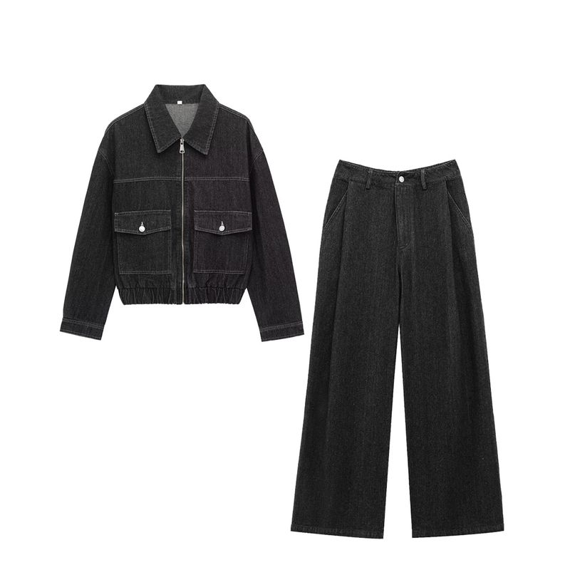 Kaslead New Arrival Women's Clothing Fashion Style Fashion Simple Denim Baggy Coat Casual Pants Suit