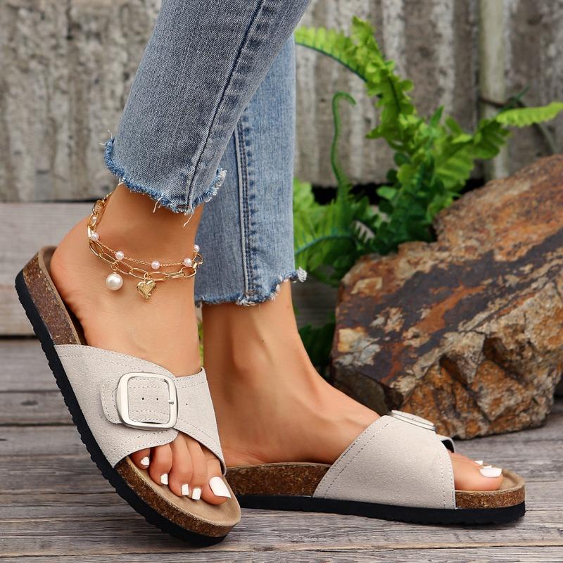 Women's Shoes 2024 Summer Hot Selling Fashion Open Toe Solid Color Medium Heel Flat Bottom Buckle Roman Women's Beach Slippers