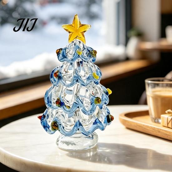 Elegant Office Desk Decor Glazed Glass Christmas Tree Figurine, Handcrafted Ornament Small Art Gift for Holiday Display, Colorful Modern Table