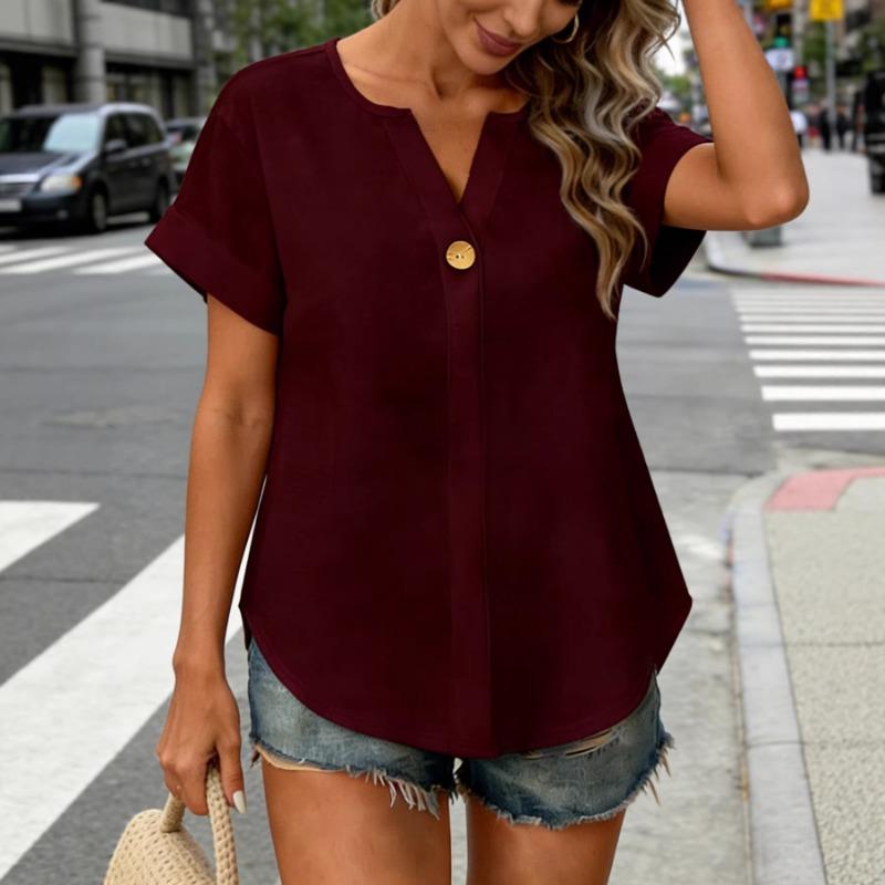 Womens Black V Notch Neck Short Sleeve T Shirt Casual Loose Fit With Single Button Decor