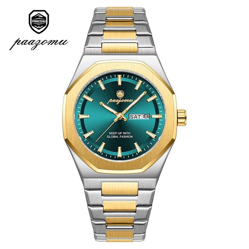 Mens Luxury Watches Octagonal Stainless Steel Analog Quartz Watch with Day Date, Waterproof Luminous Casual Watch