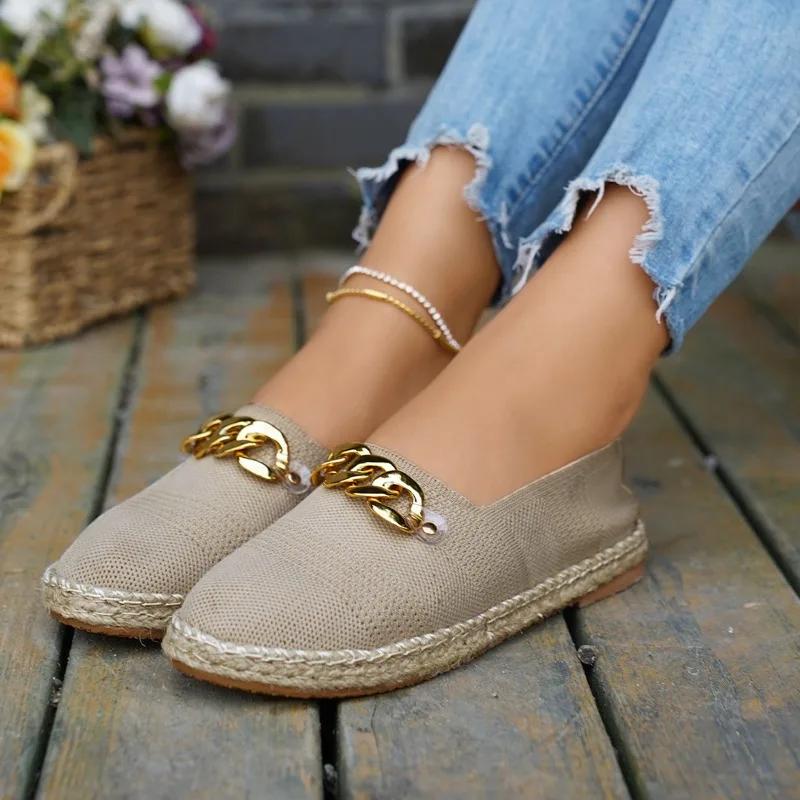 2024 Горячая мода весна и осень однотонные туфли на плоской подошве без застежек женские туфли с круглым носком неглубокий вырез без застежек металлические украшения