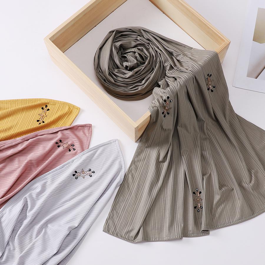 Модный фактурный трикотажный хиджаб Мусульманский однотонный шарф Креповый хиджаб со стразами Мягкие исламские шали Платки Повязка на голову для женщин