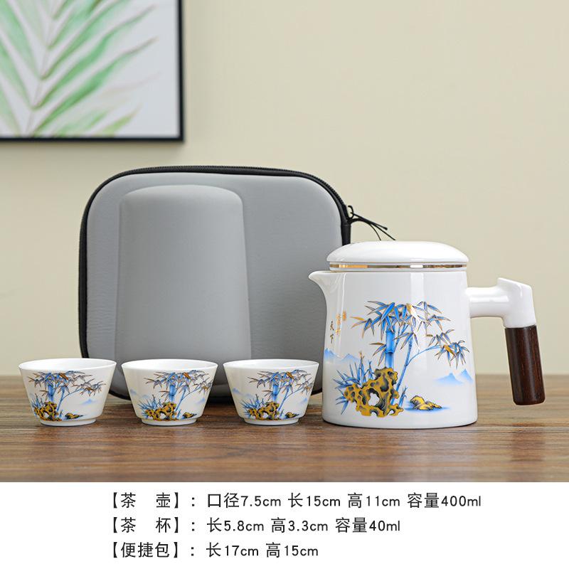 White porcelain travel tea set, one pot, three cups, express cup, outdoor car portable ceramic mug print