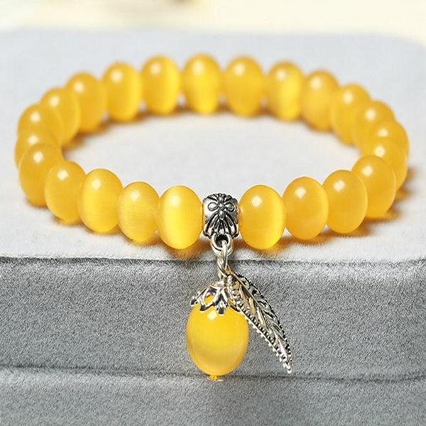 National Style Buddha Bead Bracelet with Cat's Eye Stone for Women, Fashion Lady Crystal Jewelry