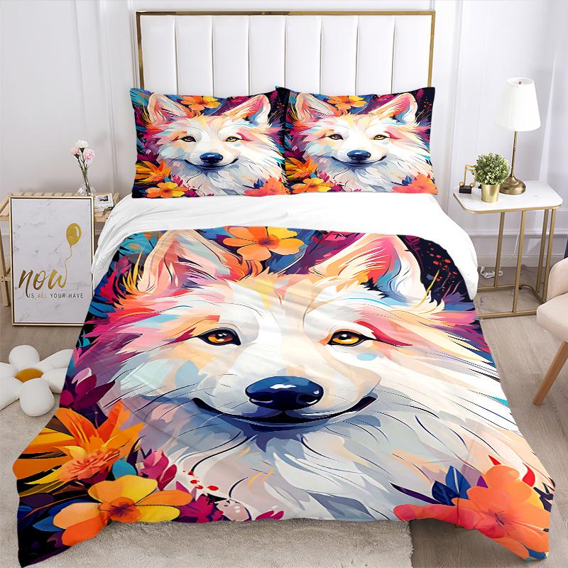 3pcs Wolf Animal Design Printed Quilt Set - Includes 1 Quilt Cover and 2 Pillowcases, Machine Washable - Suitable for All Seasons.H105
