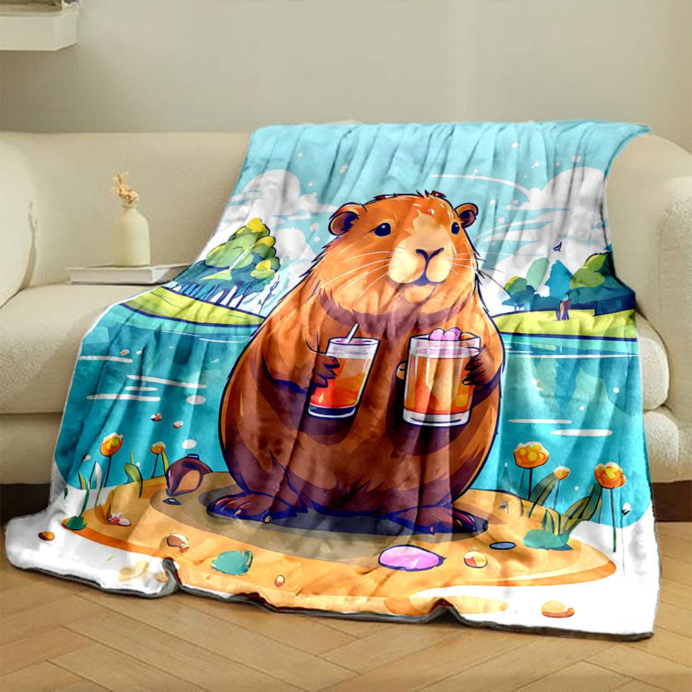A cheerful guinea pig holding two drinks by a lake in a colorful setting. for all seasons blanket lunch break throw gift