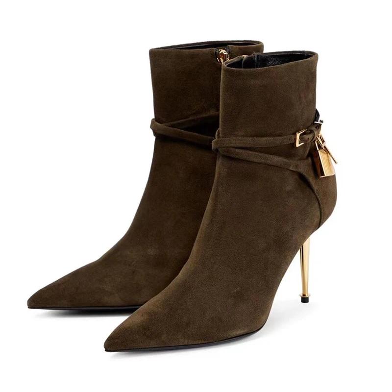 Fashion Women Sexy Metal Lock Decorate Ankle Boots Autumn Winter New Gold High Heel Pointed Belt Buckle Fashion Long Boots Size 34-43