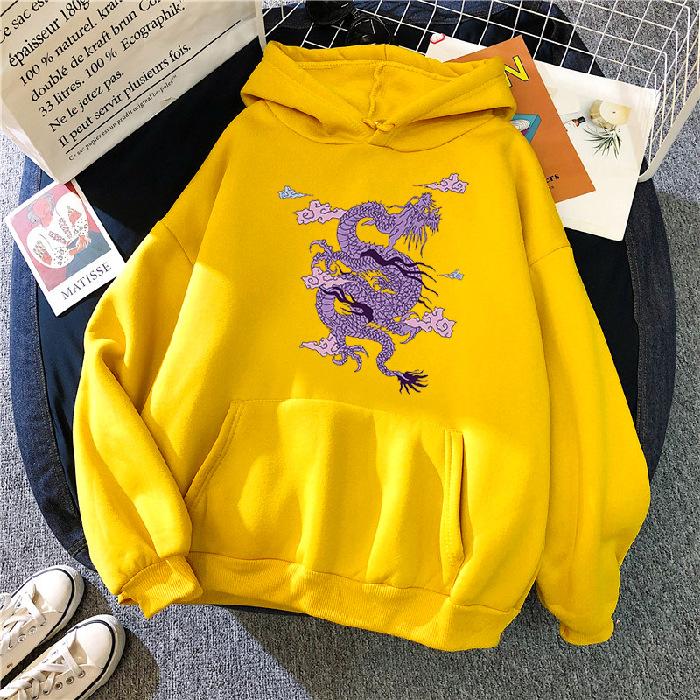 Толстовка с принтом дракона, женская толстовка с капюшоном, милая толстовка в стиле хип-хоп, большие женские топы Kawaii, одежда большого размера с круглым вырезом