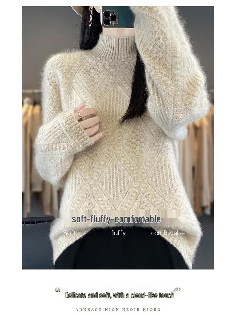 Женский осенне-зимний свитер из чистой шерсти ромбовой вязки - Полувысокий воротник, Универсальный, Элегантный пуловер