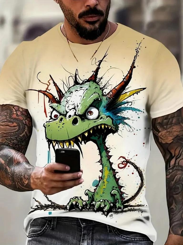 Animal Graffiti Fun Funny Funny 3D Printed Men's T-shirt Personality Vintage Plus Size Casual Loose Crew Neck Short Sleeve Top